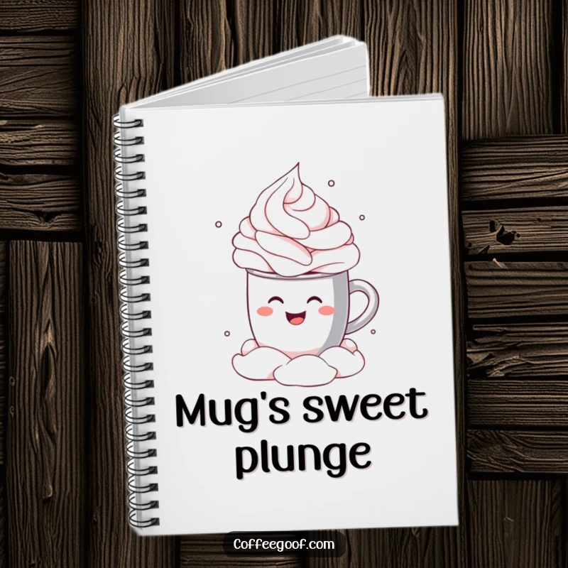 Funny Notebook cover displaying a happy cocoa mug performing a playful cannonball dive into whipped cream, inspiring warm thoughts.