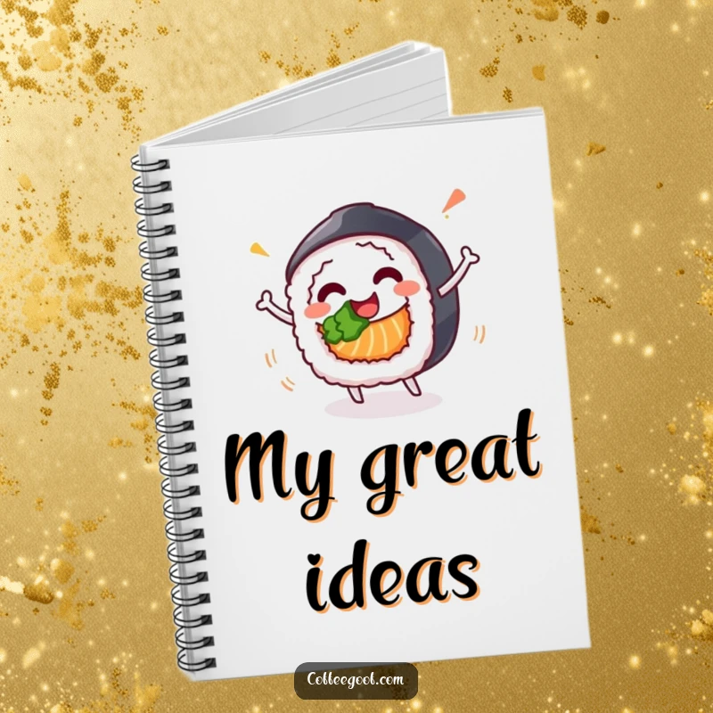 Funny notebook cover with a happy sushi roll character in a celebratory spin, inspiring delicious thoughts and humorous notes.