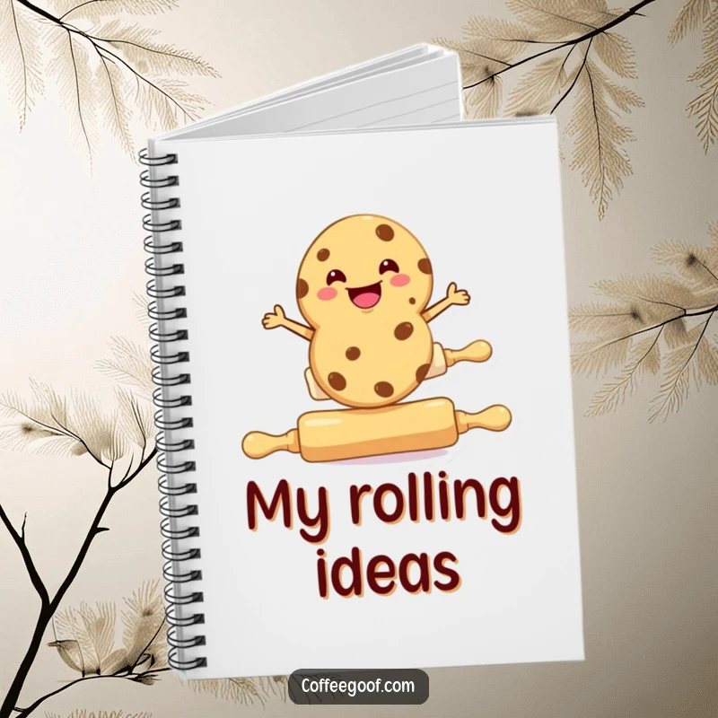 Funny cookie notebook, a cookie character balancing on a rolling pin, perfect for recipes and notes.