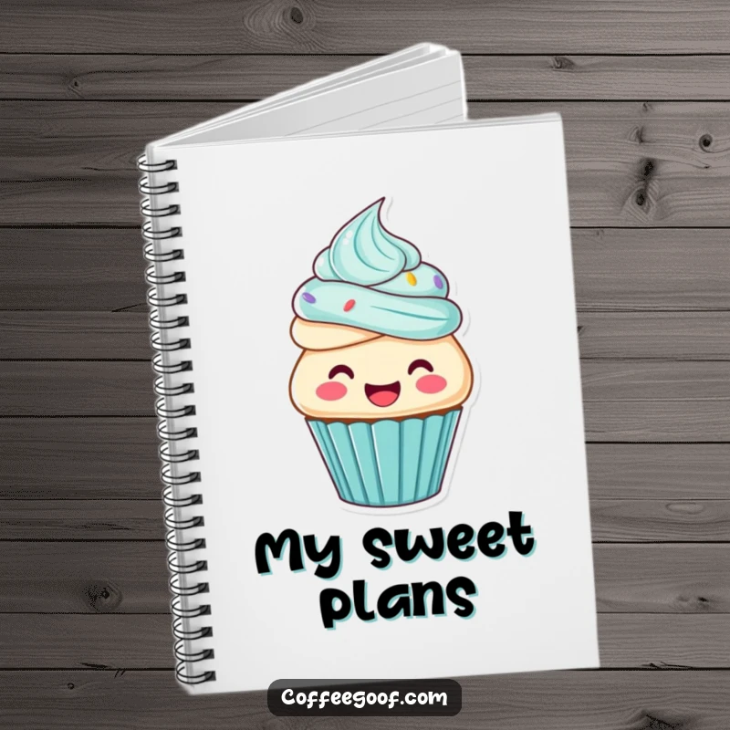 Funny cupcake notebook, a cupcake character frosting itself, perfect for recipes and notes.