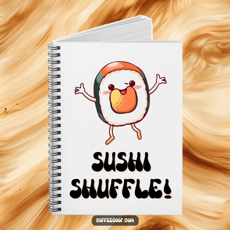 Funny notebook cover featuring a piece of sushi with legs doing a cheerful jig, a humorous prompt for jotting down culinary ideas.