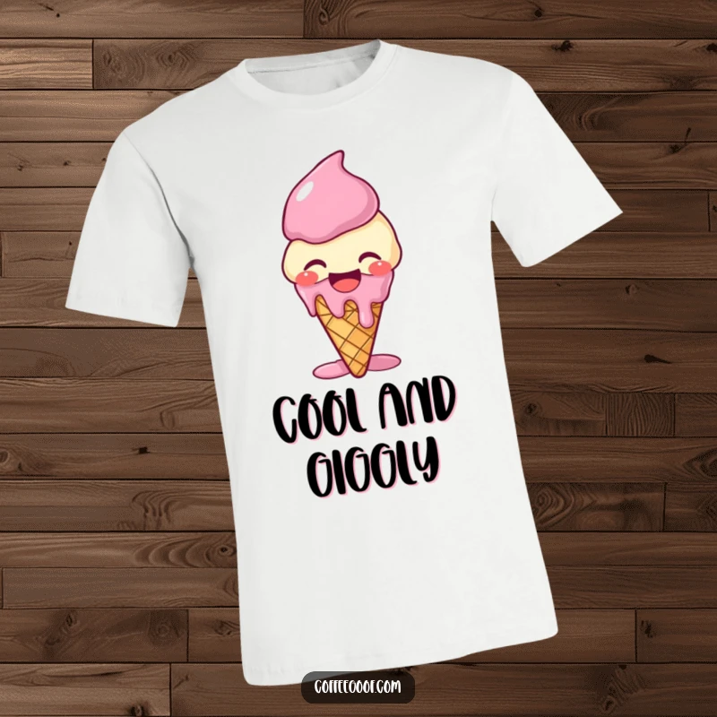 Funny giggling ice cream cone t-shirt, melting with laughter, embodying pure joy and a sweet, humorous personality.
