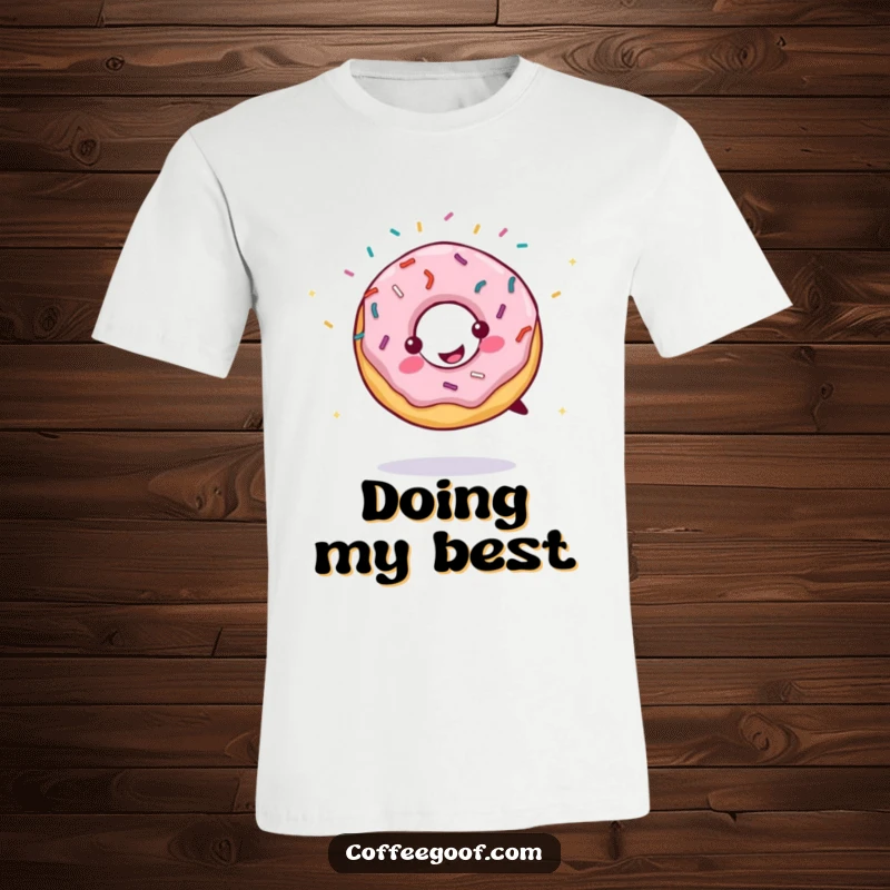 Funny t-shirt graphic of a smiling donut with sprinkles flying, performing a cartwheel. Playful apparel for dessert lovers and fun-seekers.