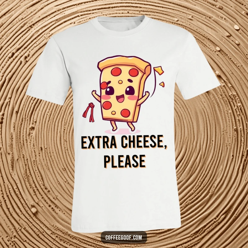 Funny t-shirt featuring a beaming pizza slice character energetically throwing a long, stretchy string of cheese, pure pizza joy.