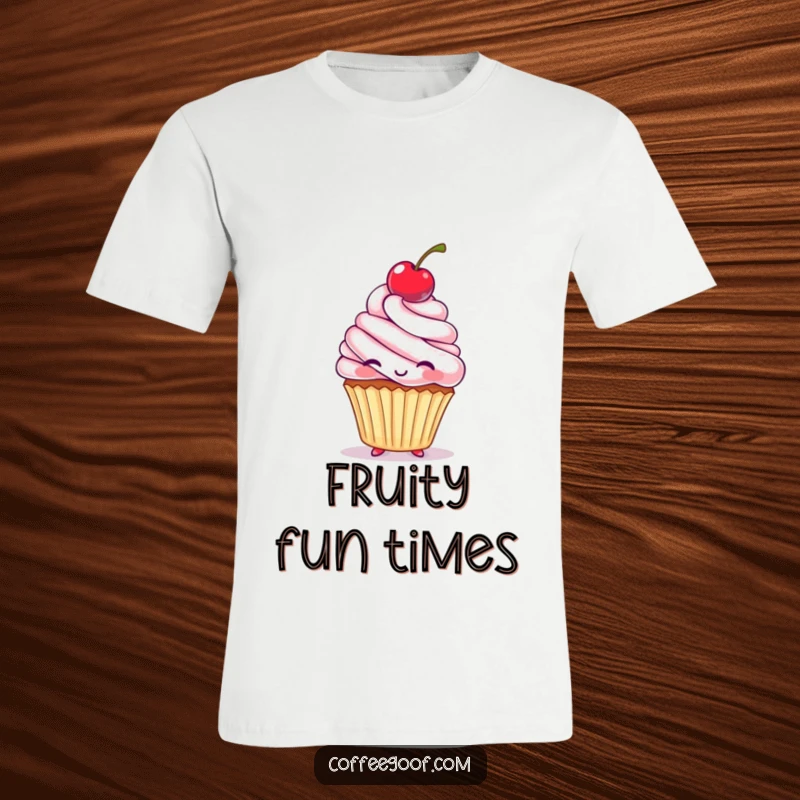 Funny T-Shirt with a cute cupcake character energetically bouncing a cherry on its head, radiating pure joy and playful energy.