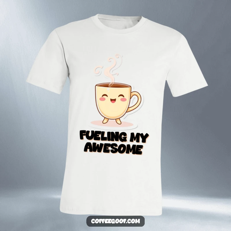 Funny Coffee Cup T-Shirt featuring a smiling character with playful swirling steam, great for coffee addicts.
