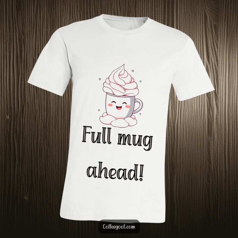 Funny T-Shirt featuring a smiling cocoa mug in a playful cannonball dive into a generous dollop of whipped cream, radiating delight.
