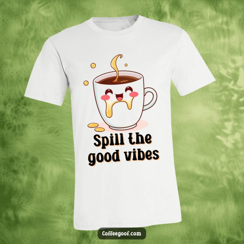 Funny T-Shirt showcasing a happy coffee cup character humorously spilling its contents, perfect for coffee enthusiasts seeking a funny gift.