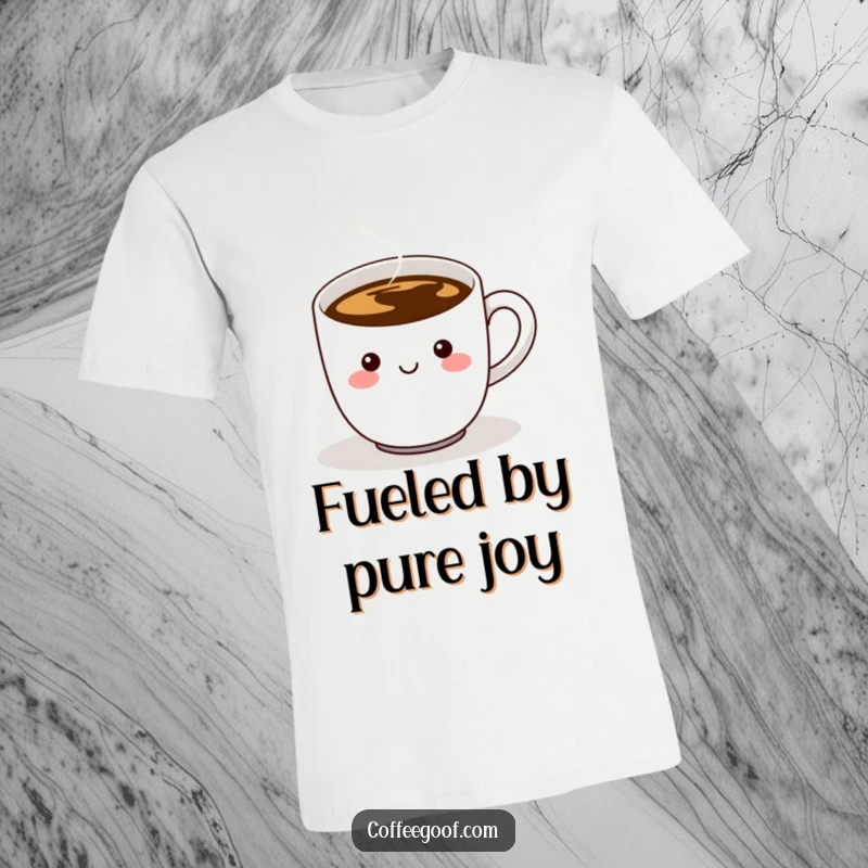 Funny t-shirt showcasing a cheerful coffee cup character, with steam rising and a wiggling handle, embodying a fun-loving vibe.