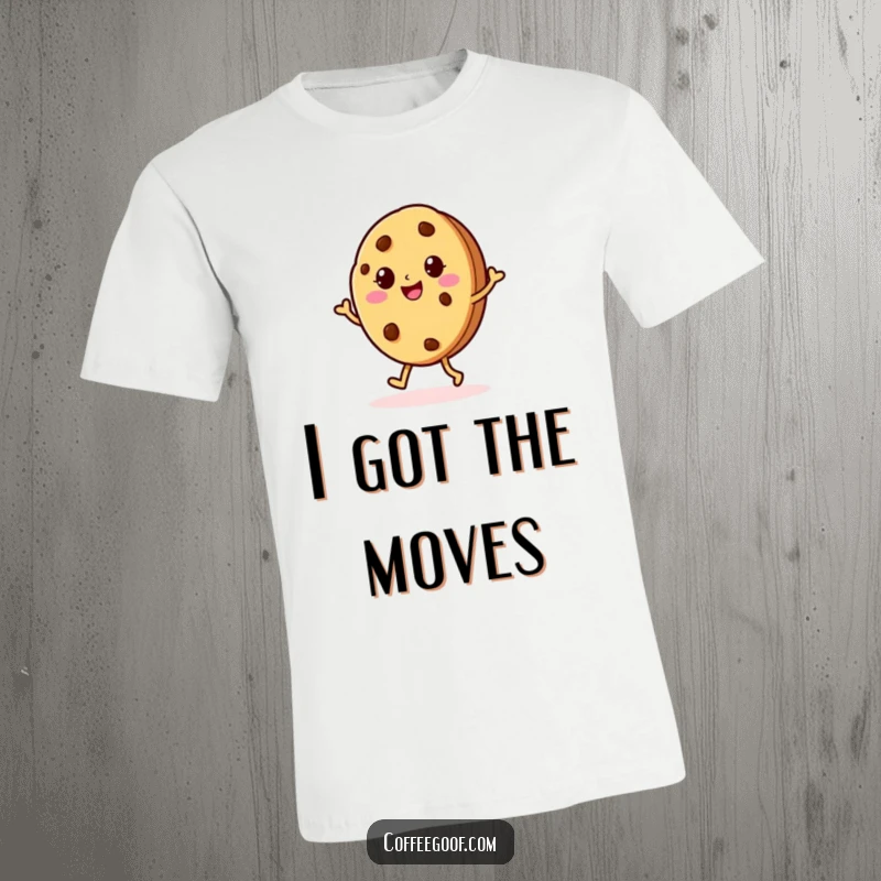Funny Cookie Jig T-Shirt featuring a cheerful baked cookie character doing a lively jig, perfect for casual wear and spreading smiles.