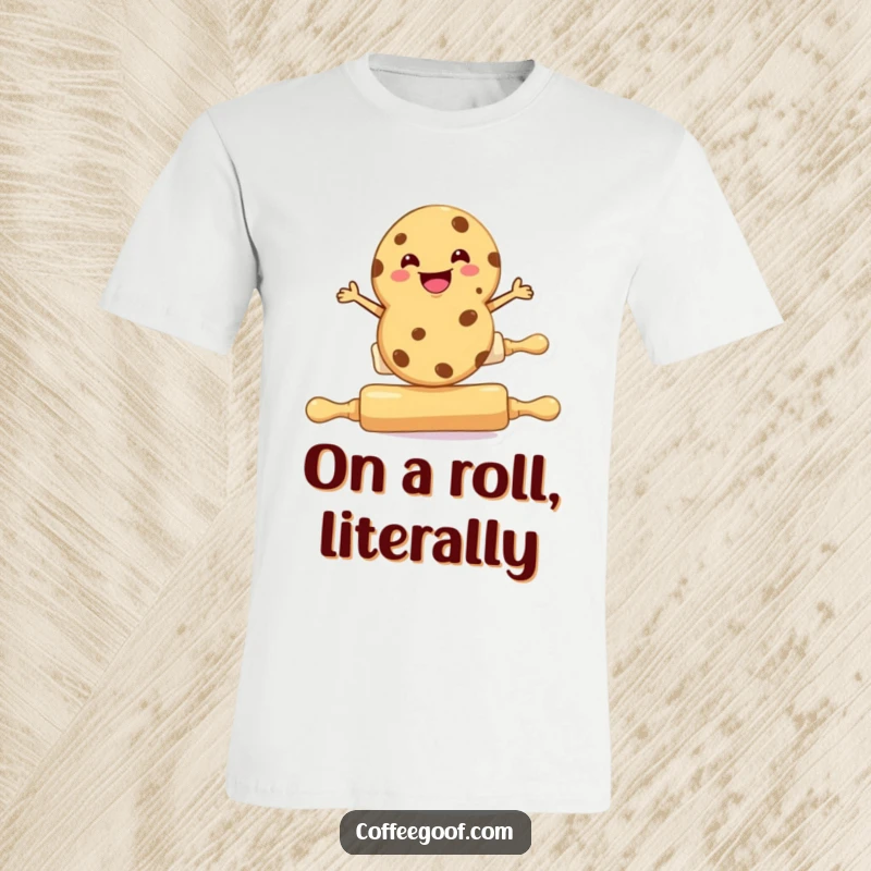 Funny cookie t-shirt, a happy cookie character balancing on a rolling pin, baking enthusiast apparel.