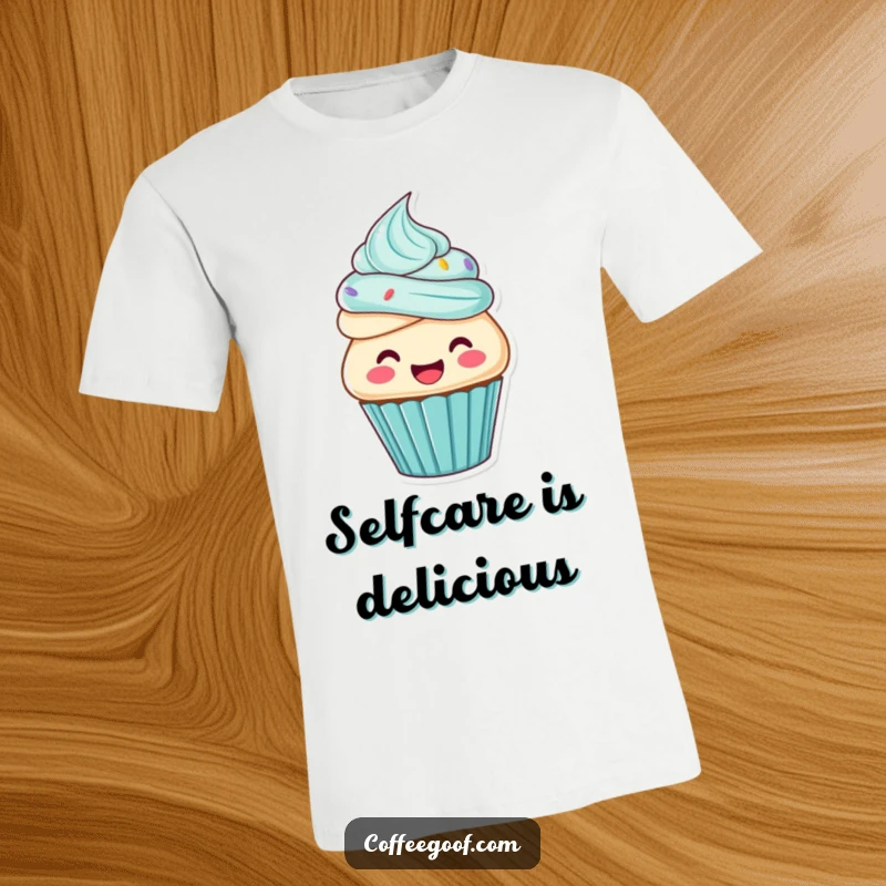 Funny cupcake t-shirt, a happy cupcake character frosting itself with glee, sweet and delightful graphic.