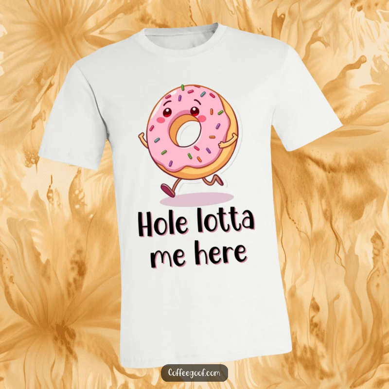 Funny Donut T-Shirt: A grinning donut character with sprinkles bouncing as it hops, a delightful and humorous wearable treat.