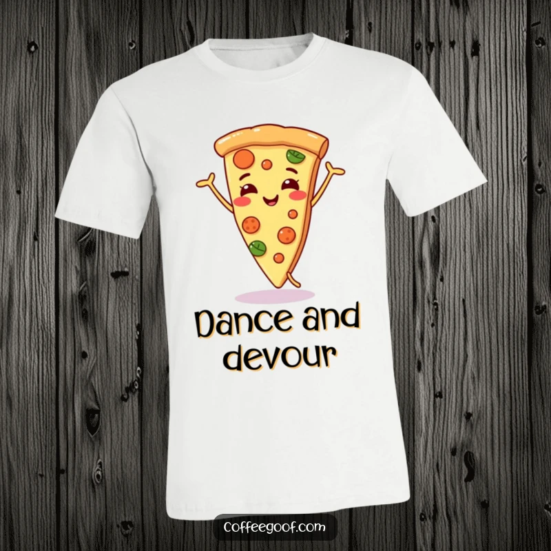 Funny smiling pizza slice t-shirt, captured mid-silly dance, celebrating the joy of pizza with a humorous and energetic design.