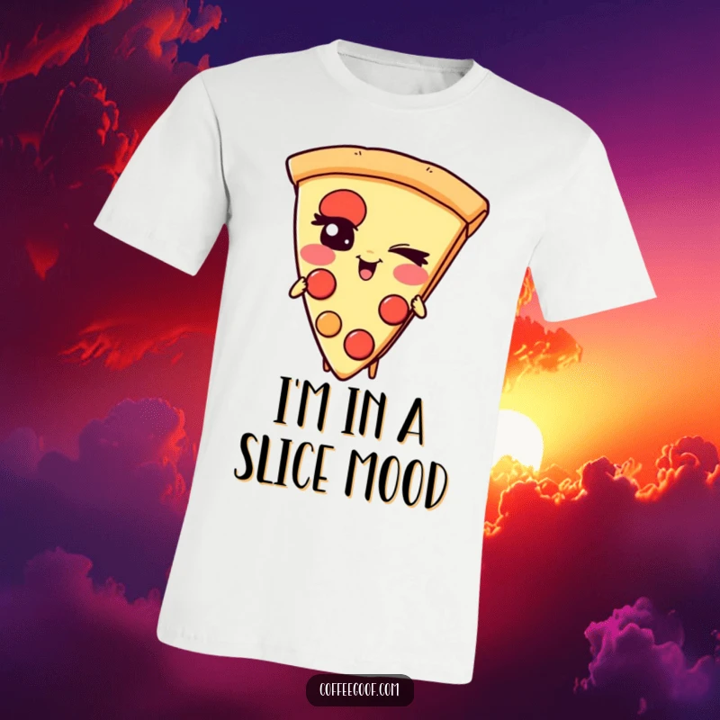 Funny Pizza T-Shirt: A giggling slice of pizza character with a mischievous wink, a cheesy and humorous wearable treat.