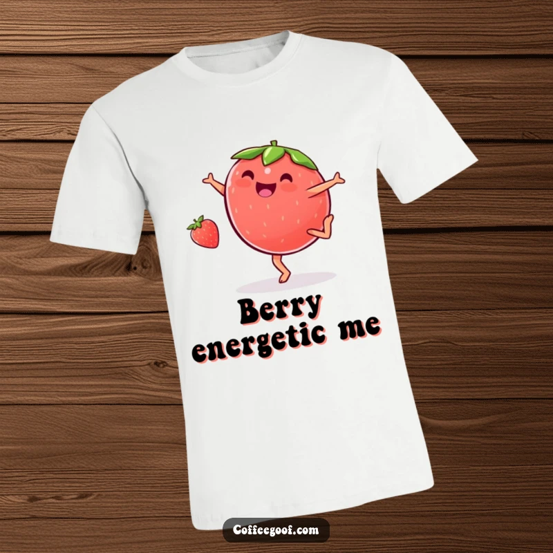 Funny plump strawberry t-shirt, performing a cartwheel with glee, embodying energetic fun and a cheerful, fruity personality.