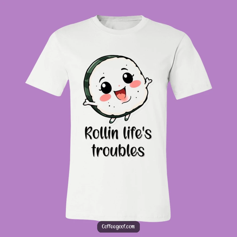Funny Sushi Spin T-Shirt: Smiling Character Tee for Foodie Fun