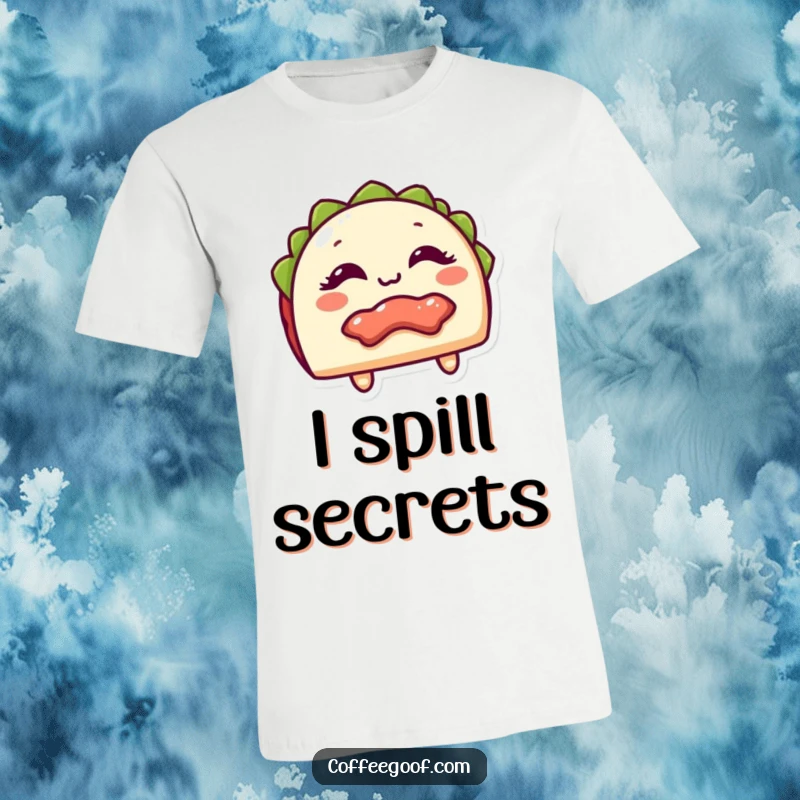 Funny T-Shirt showcasing a happy giggling taco with its filling peeking out, symbolizing deliciousness and fun for a great funny gift.