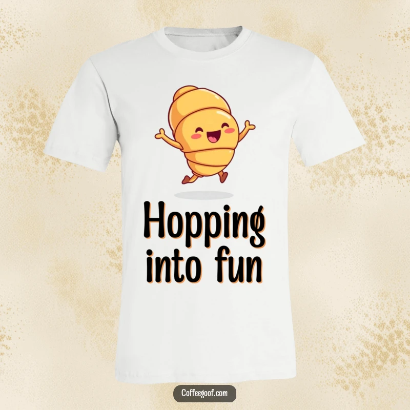 Funny T-Shirt showcasing a happy hopping croissant, symbolizing energy and delight in baked goods, making a delightful funny gift.