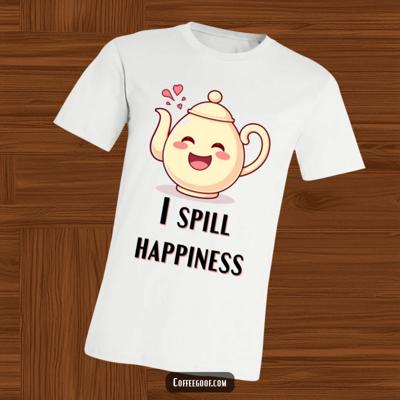 Funny Teapot Giggles T-Shirt featuring a happy teapot character pouring out a stream of giggles, perfect for casual wear and spreading smiles.
