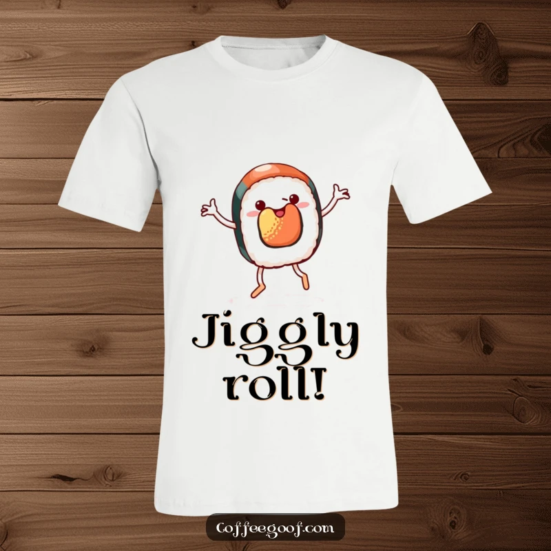 Funny t-shirt showing a piece of sushi with legs happily doing a cheerful jig, full of energy and culinary whimsy.