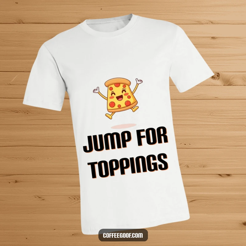 Funny T-Shirt depicting a joyful pizza slice with a smiling face mid-air in a celebratory leap, capturing a moment of pure bliss.