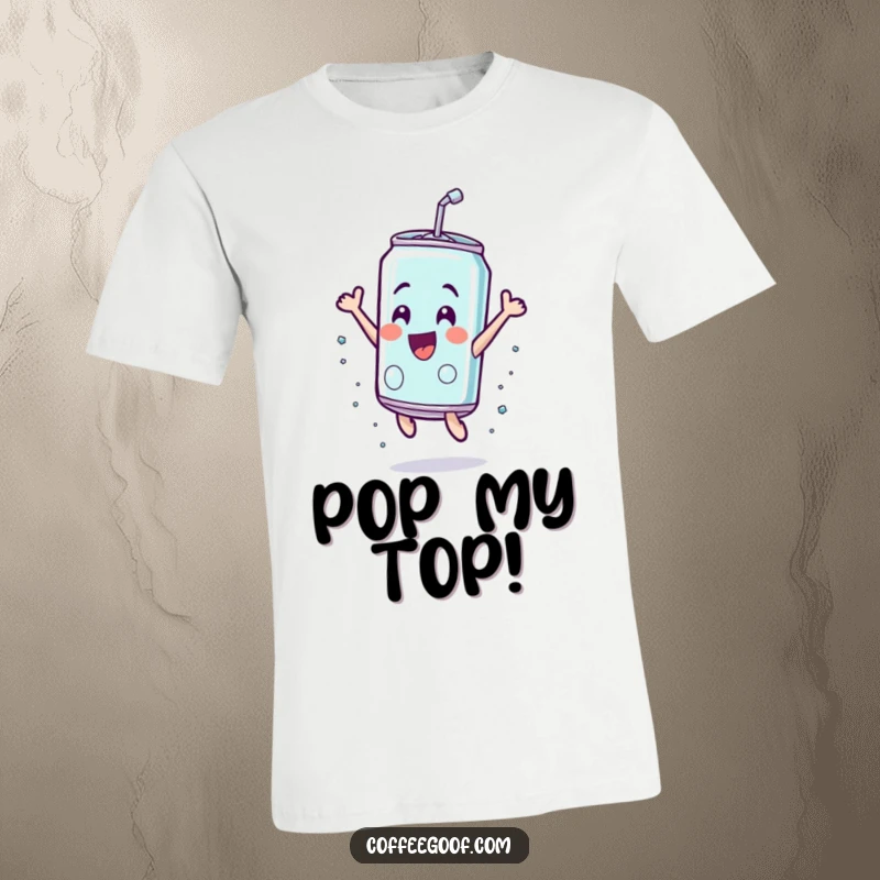 Funny soda can t-shirt, depicted leaping with pure exhilaration and joy, capturing a moment of uncontainable bubbly energy.