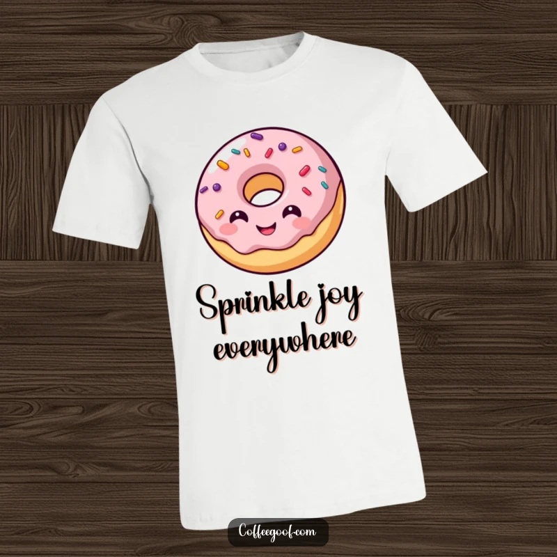 Funny t-shirt with a smiling donut character, adorned with colorful, bouncing sprinkles, embodying pure, sugary fun.