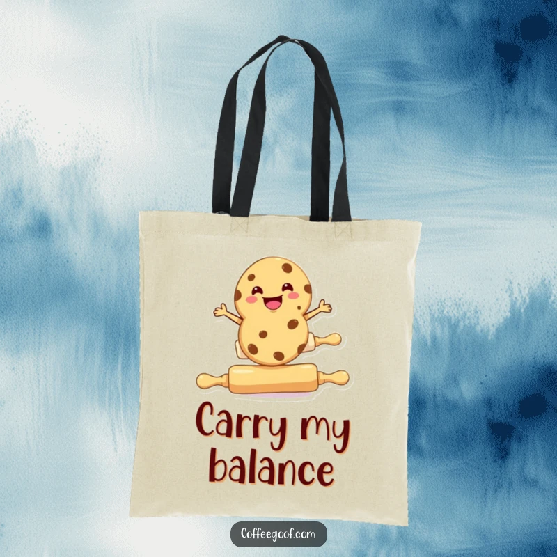 Funny cookie tote bag, a cookie character balancing on a rolling pin, perfect for bakers.