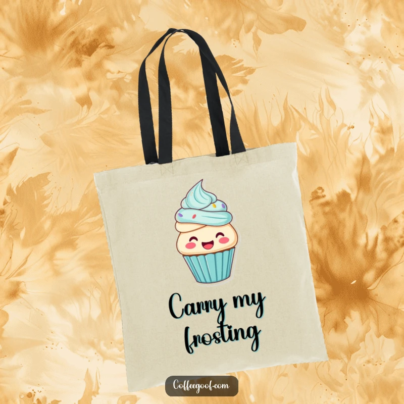 Funny cupcake tote bag, a joyful cupcake character frosting itself, perfect for carrying treats.