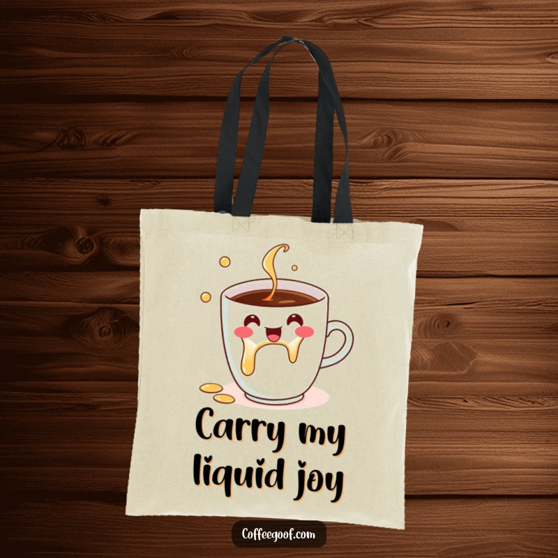 Funny Tote Bag featuring a happy coffee cup character humorously spilling, a delightful and practical accessory for a funny gift.