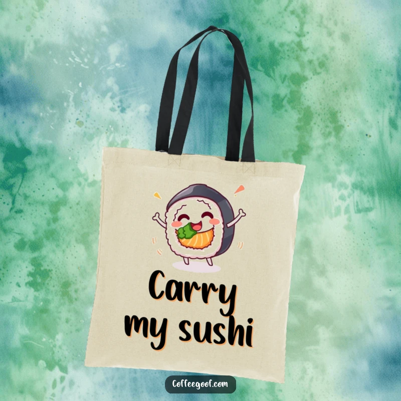 Funny tote bag showcasing a happy sushi roll character in a celebratory spin, great for stylish and fun errands.