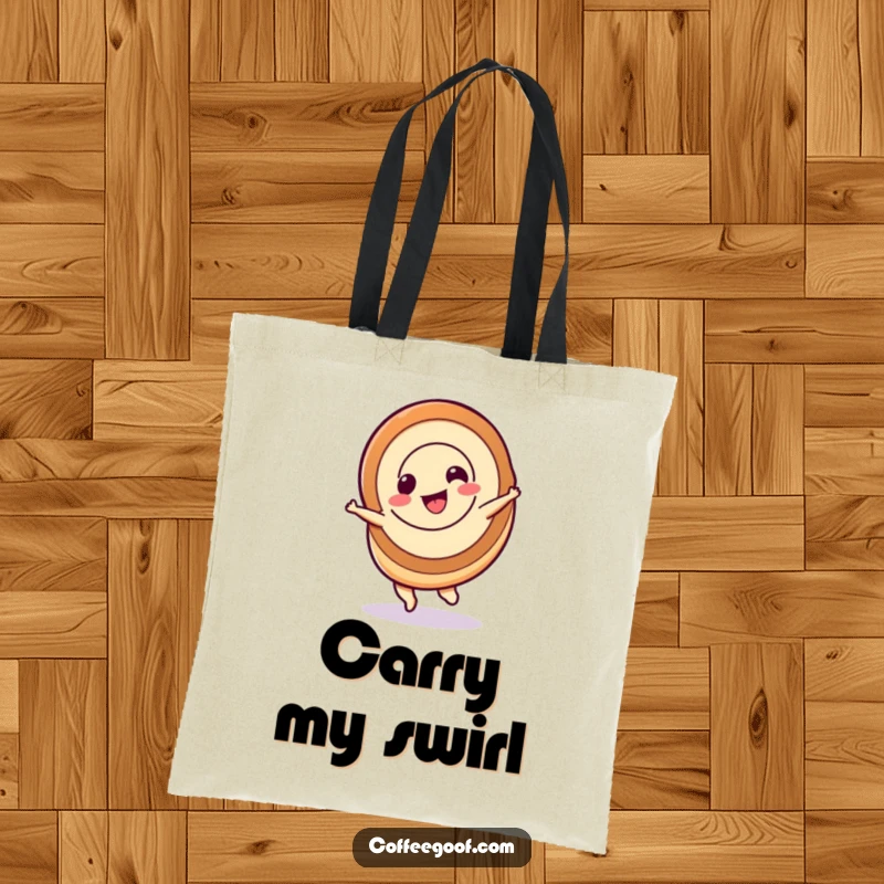 Funny cinnamon roll tote bag, a sweet cinnamon roll character spinning playfully, perfect for carrying treats.