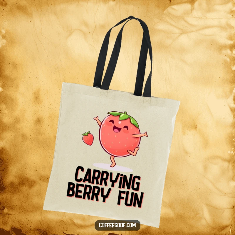 Funny plump strawberry tote bag, doing a cartwheel with glee, perfect for carrying essentials with a humorous and fruity touch.