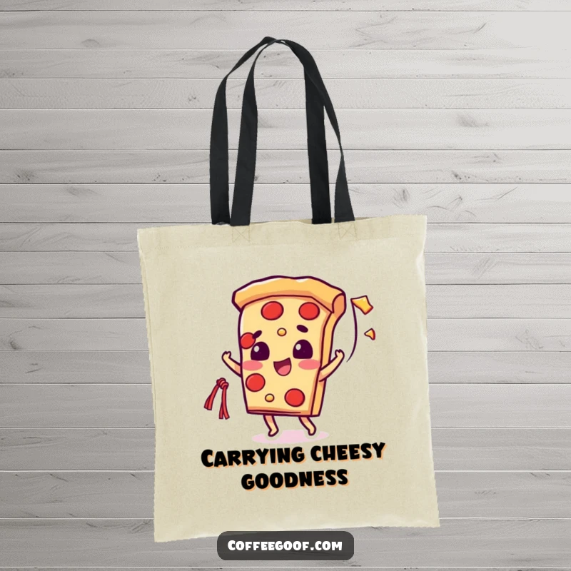 Funny tote bag featuring a beaming pizza slice character launching a stretchy string of cheese, ideal for pizza lovers on the go.