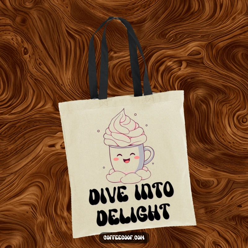 Funny Tote Bag illustrating a smiling cocoa mug performing a joyful cannonball dive into a fluffy whipped cream cloud, pure winter delight.