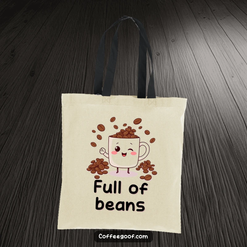 Funny cheerful mug character juggling coffee beans on a tote bag, ideal for carrying necessities with coffee-themed humor.
