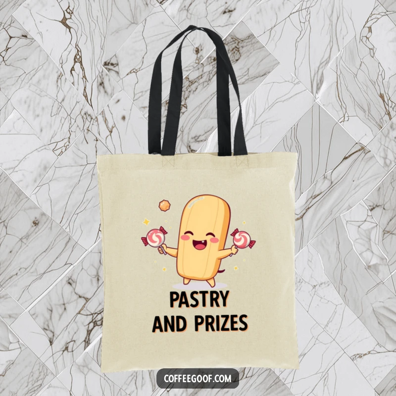 Funny tote bag showing a winking baguette character juggling three sparkling candies with a cheerful expression.
