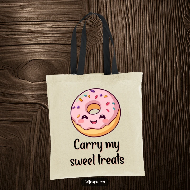 Funny tote bag featuring a smiling donut character with lively, bouncing sprinkles, great for stylish and fun everyday use.