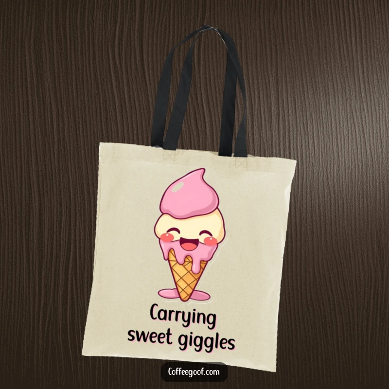 Funny giggling ice cream cone tote bag, melting with laughter, perfect for carrying essentials with a sweet and humorous touch.