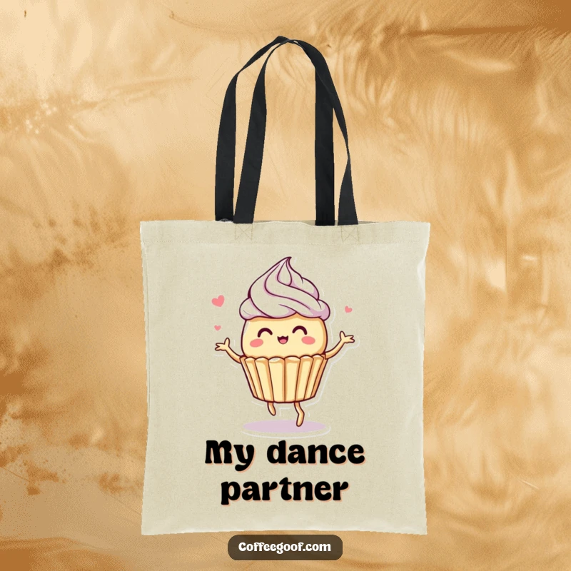 Funny tote bag showcasing a whimsical muffin character dancing energetically with decorative frosting swirls, perfect for cute and fun use.