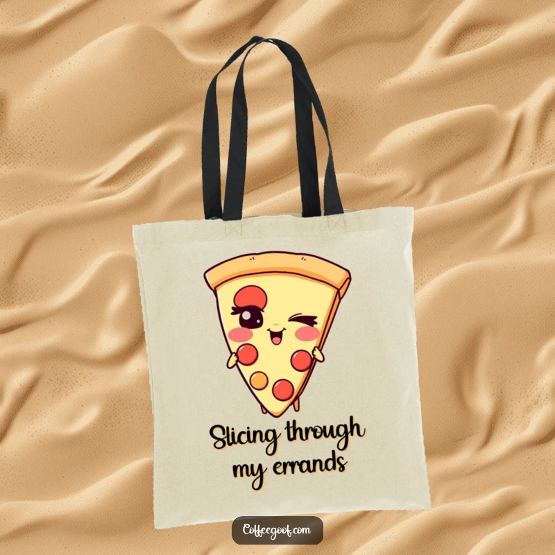Funny Pizza Tote Bag: A giggling slice of pizza character with a mischievous wink, perfect for shopping or daily use.