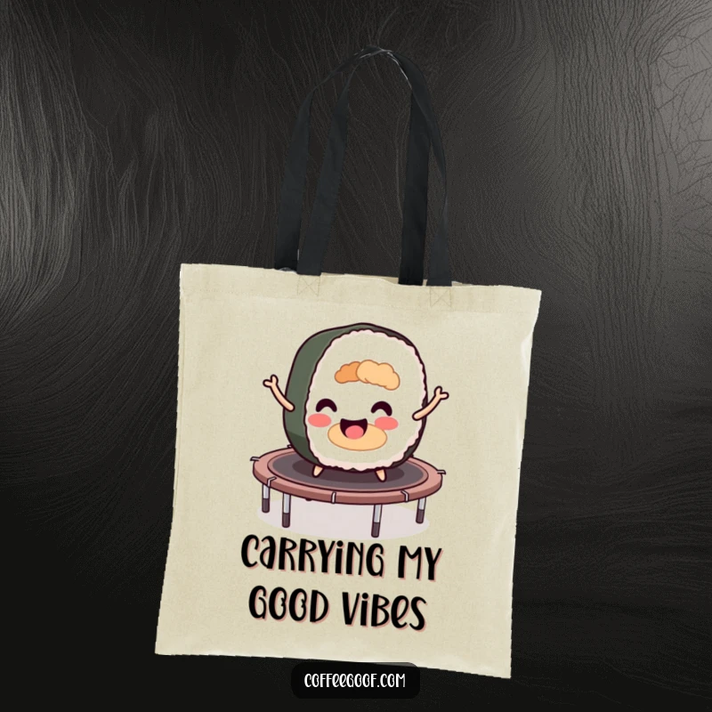 Funny sushi roll character joyfully bouncing on a trampoline, featured on a durable tote bag for cheerful shopping.