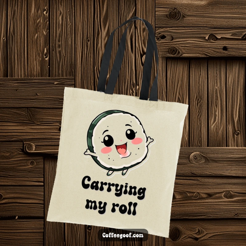 Funny Sushi Spin Tote Bag featuring a smiling sushi character happily spinning, ideal for carrying essentials with a touch of playful, food-themed humor.