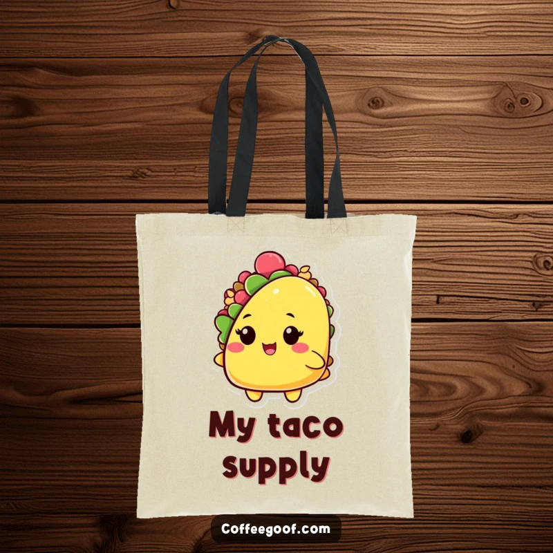 Funny tote bag showcasing a playful taco character, slightly open shell, and a mischievous wink, great for stylish and fun errands.