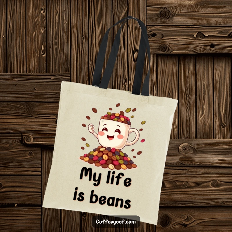 Funny Coffee Mug character juggling coffee beans, displayed on a durable and stylish tote bag, a humorous and practical accessory.
