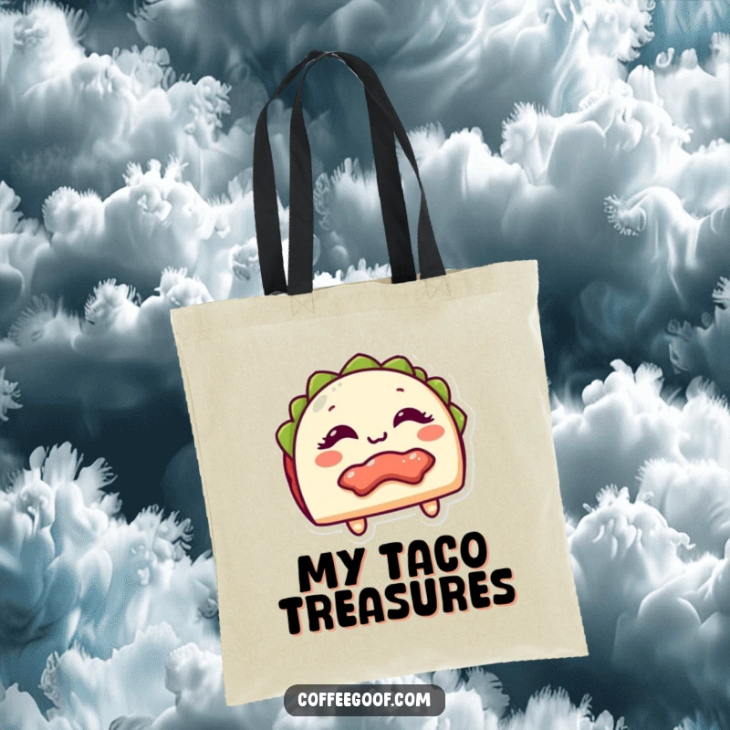 Funny Tote Bag with a giggling taco character and peek-a-boo filling, perfect for carrying items with a spicy, humorous twist as a funny gift.