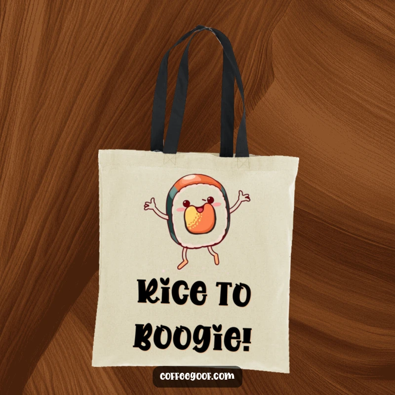 Funny tote bag depicting a piece of sushi with legs doing a cheerful jig, a whimsical and food-themed accessory.
